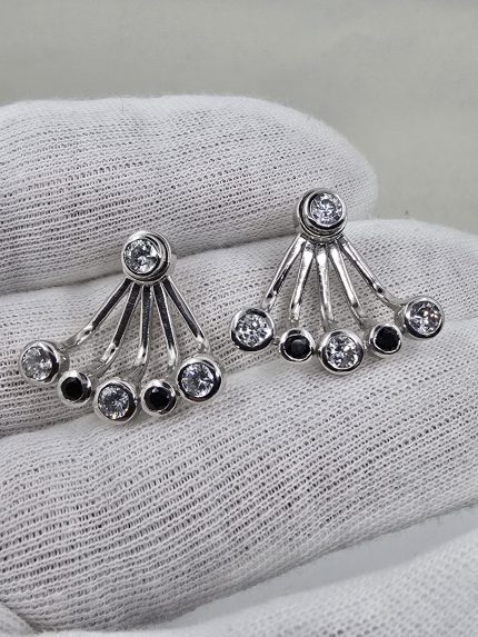 Convertible Sterling Silver Jacket Earrings with Moissanite & Black Spinel – Rhodium Plated