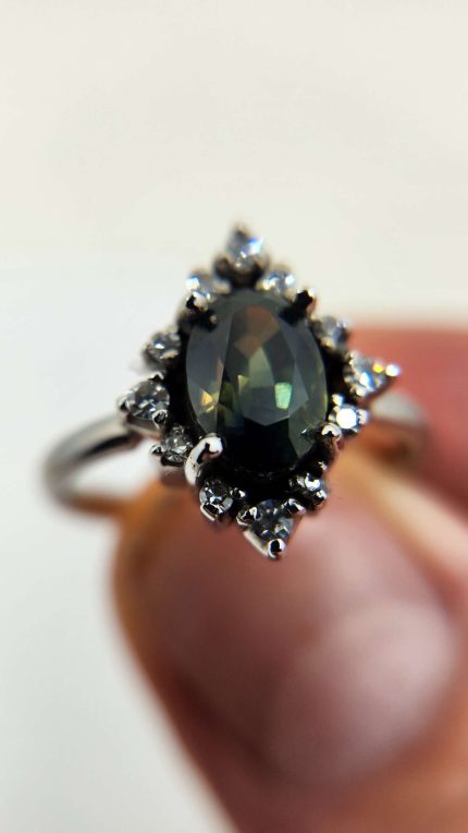 2.6ct Yellow & Blue Parti Sapphire Ring in 14K White Gold with Natural Diamond Halo – Cathedral Setting, Size 7