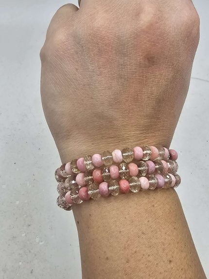 3 coil Oregon Pink Opal and Sunstone memory wire bracelet