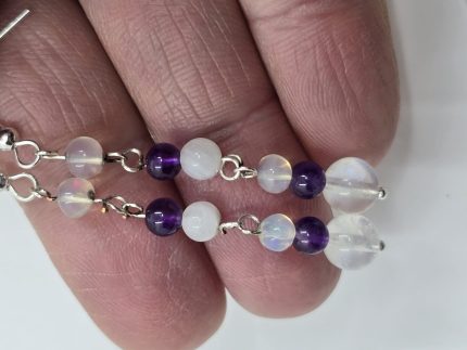 Beaded moonstone, amythist, and opal earrings