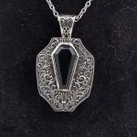 Sterling Silver Coffin Cut Black Onyx Pendant – Ornate Filigree Gothic Necklace