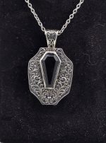 Sterling Silver Coffin Cut Black Onyx Pendant – Ornate Filigree Gothic Necklace