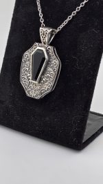 Sterling Silver Coffin Cut Black Onyx Pendant – Ornate Filigree Gothic Necklace - Image 3